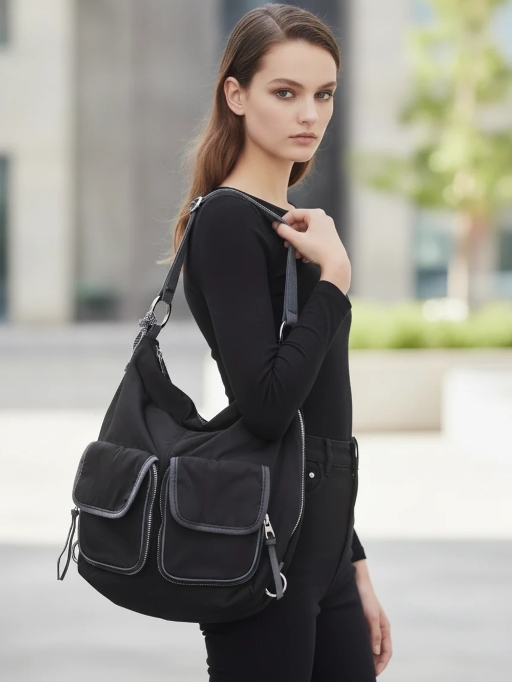 Co-Lab Black Nylon Cargo Hobo Shoulder Bag Slouchy Utility
